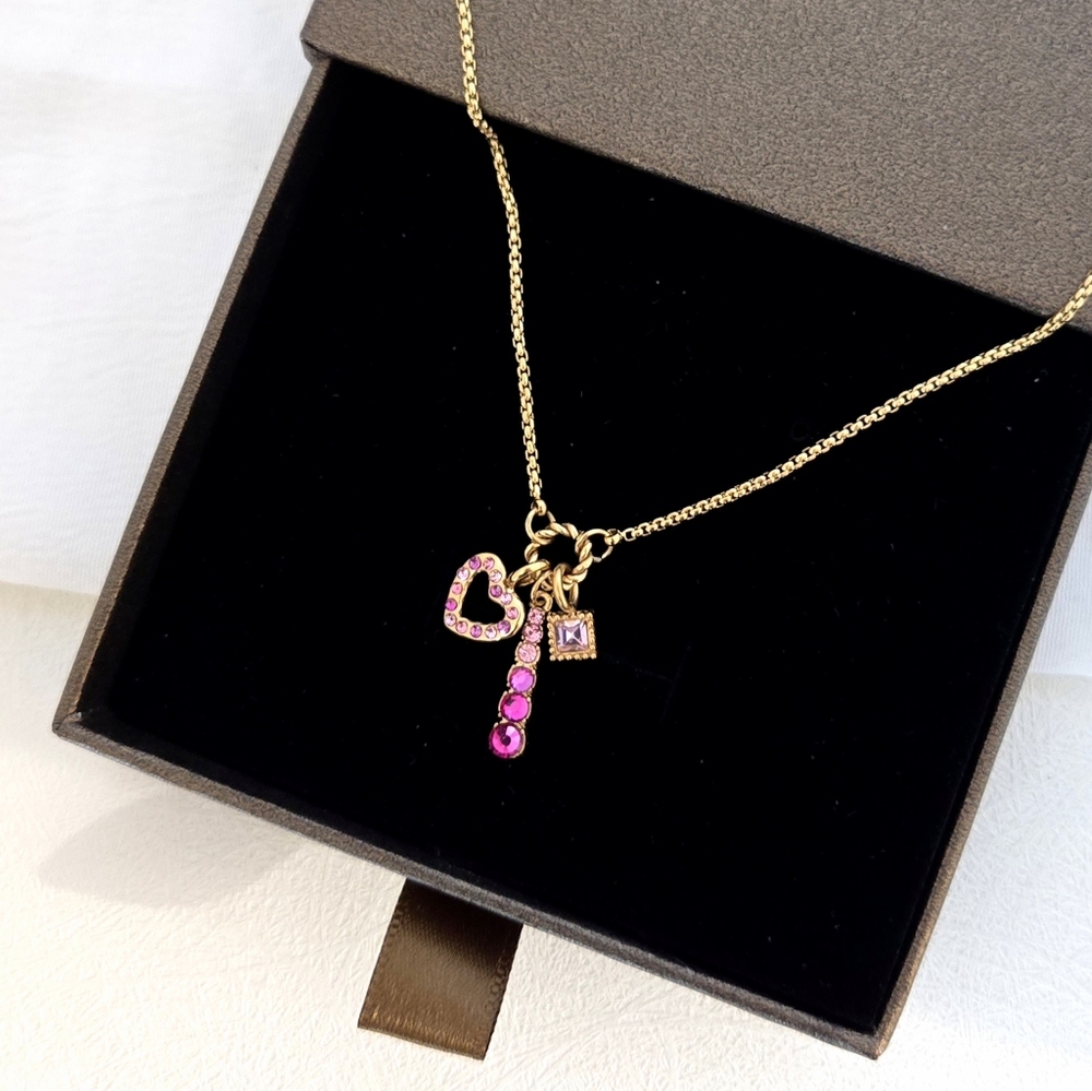 Gold Tone Dainty Twist Ring Pendant Pink Stone Charm Necklace